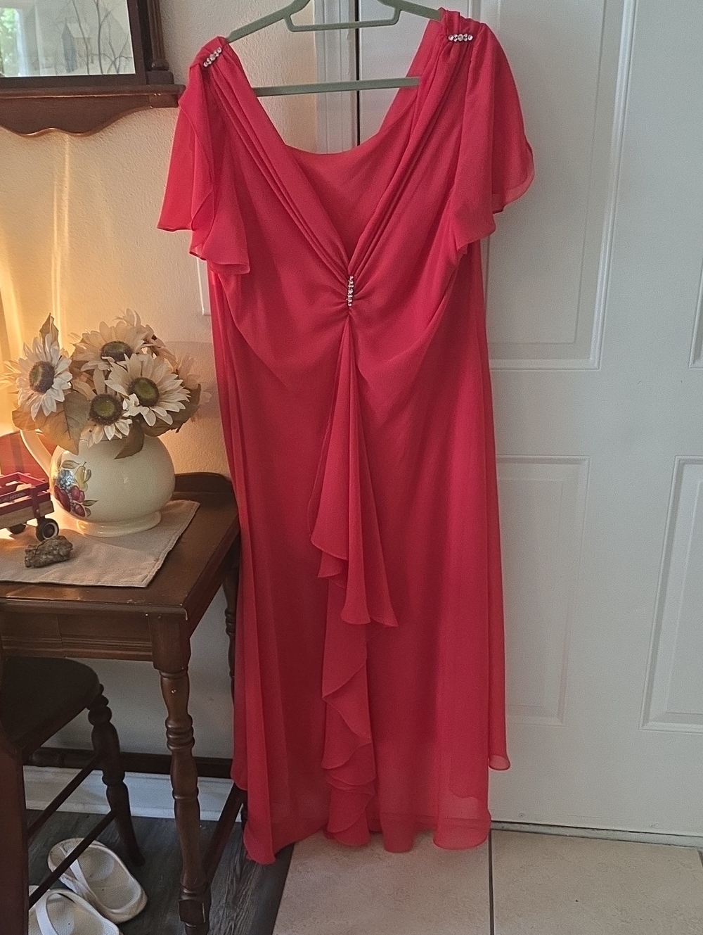 S.L. Fashions Coral-Red Chiffon Maxi Dress with Draped Ruffle